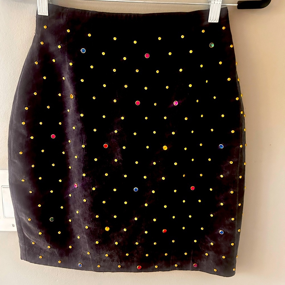 Vintage 90’s Cache Suede Black Pencil Mini Skirt W/ Colorful Gemstones. Size 6